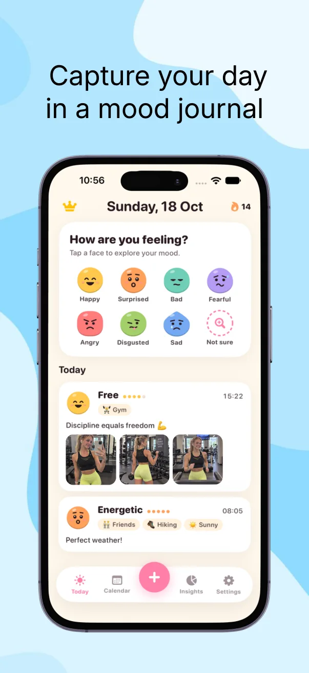 Capture your day in a mood journal: today’s entries with moods, activity tags, notes and photos