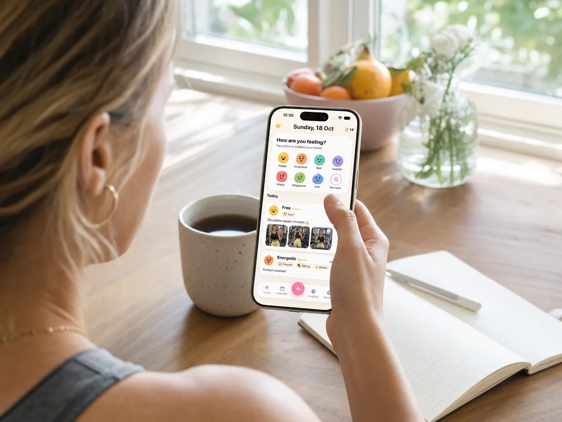 A woman at a sunny kitchen table checks in on her phone next to her coffee and notebook