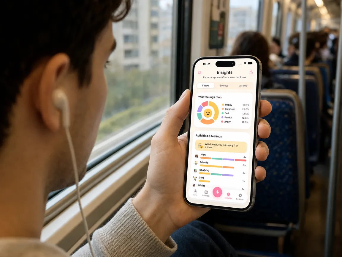 A young man on a commuter train looks at his feelings map and activities in the app