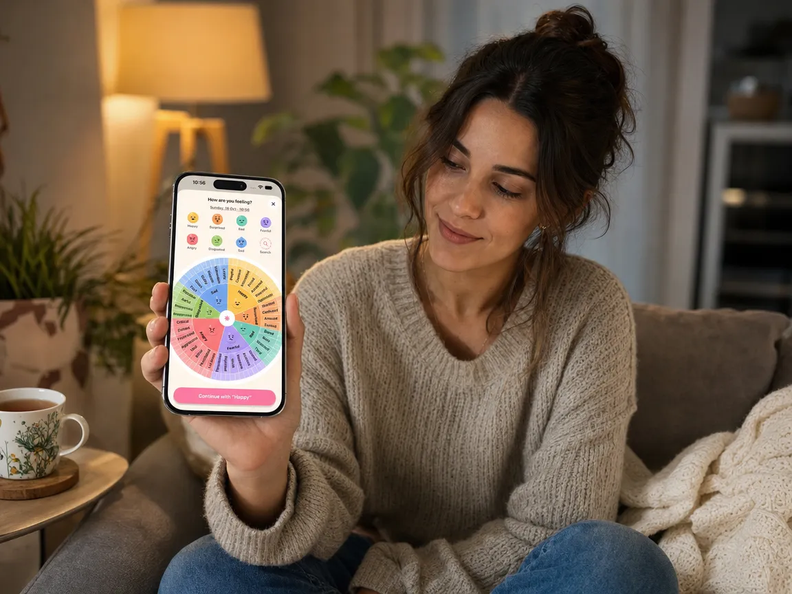 A woman on a sofa in the evening holds up her phone showing the colorful feelings wheel