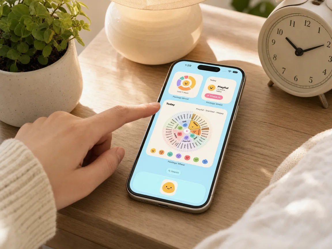 A hand taps a Feelings Wheel widget on a phone lying on a sunny bedside table