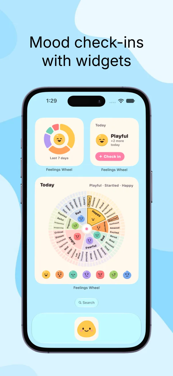 Mood check-ins with widgets: last 7 days, today’s feeling and a feelings wheel on the Home Screen