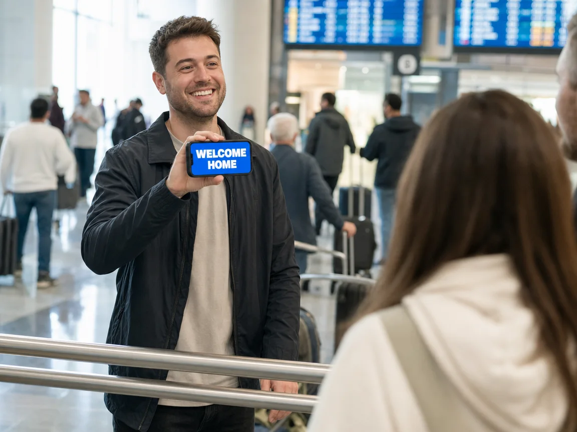 A man at airport arrivals holds up his phone showing WELCOME HOME in white on blue