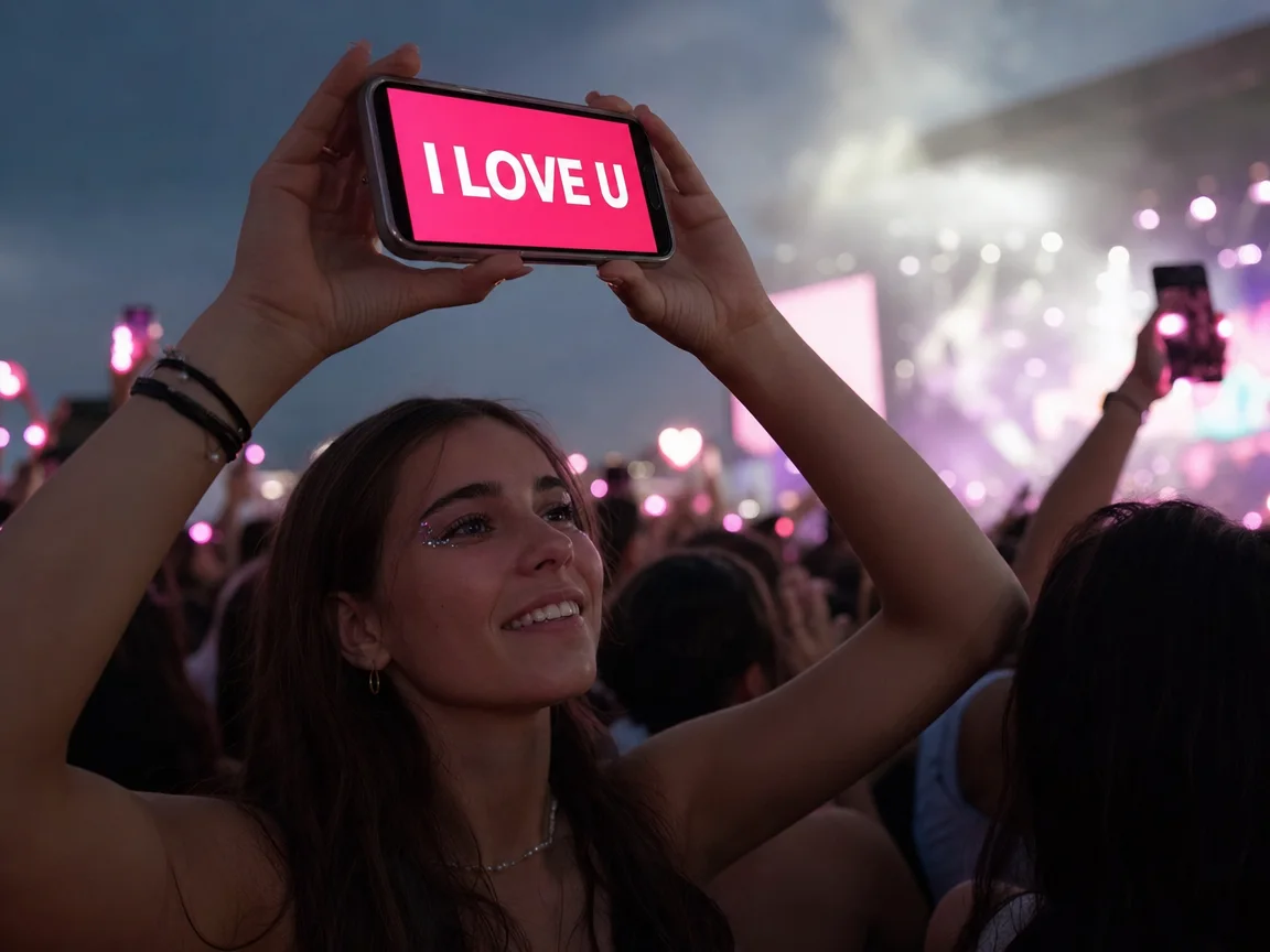 A fan at a concert holds up her phone showing I LOVE U in white on hot pink