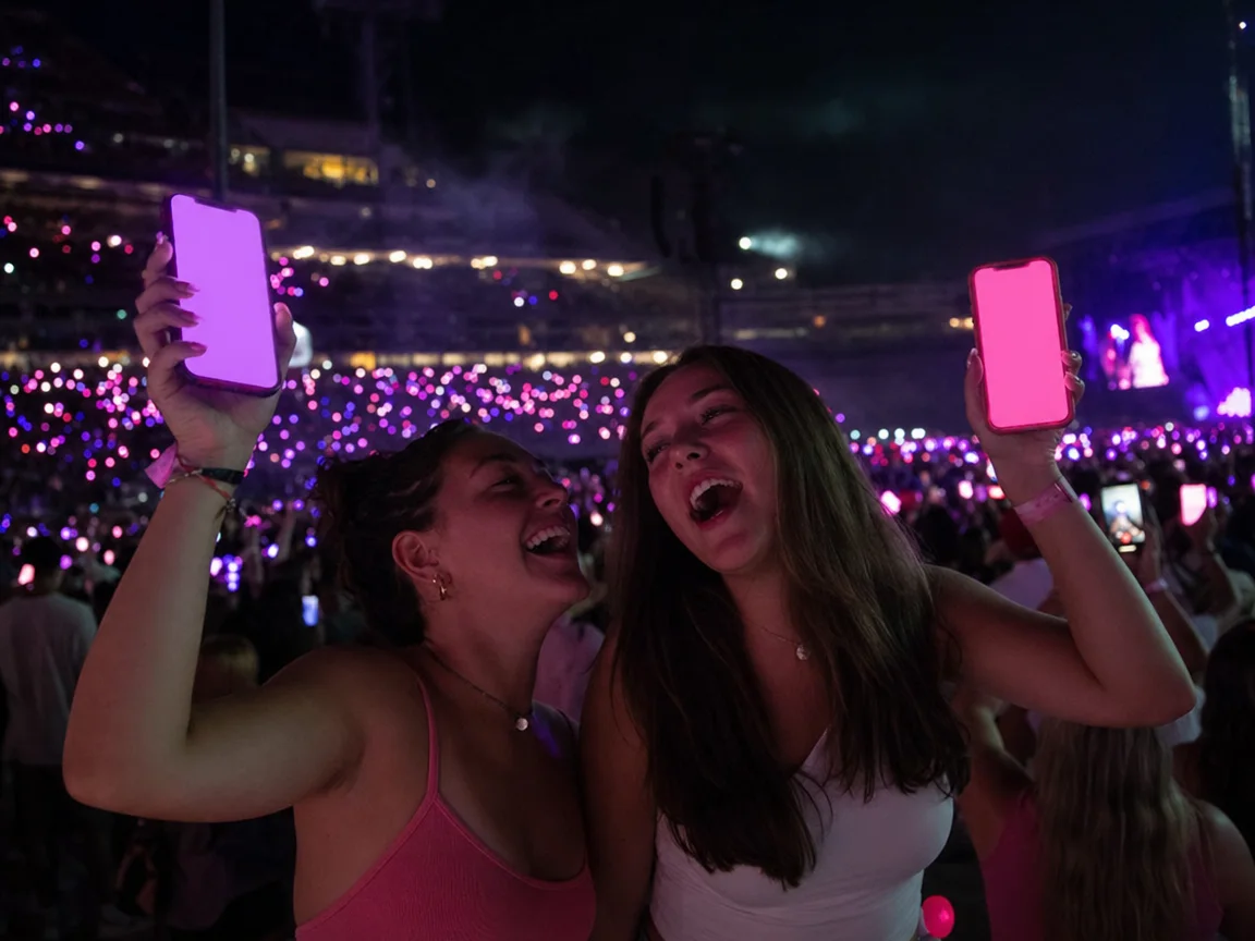 Two friends at a stadium concert wave phones glowing purple and pink like lightsticks