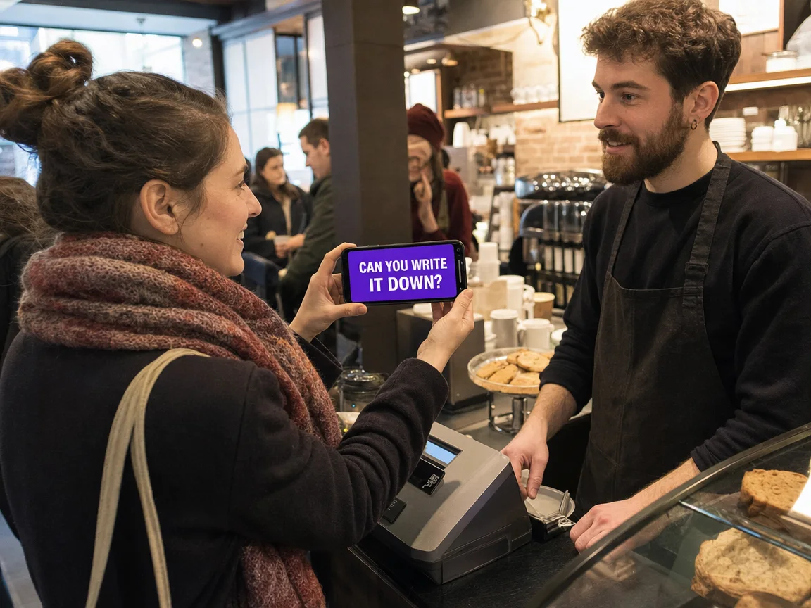 A woman at a cafe counter shows the barista her phone reading CAN YOU WRITE IT DOWN?