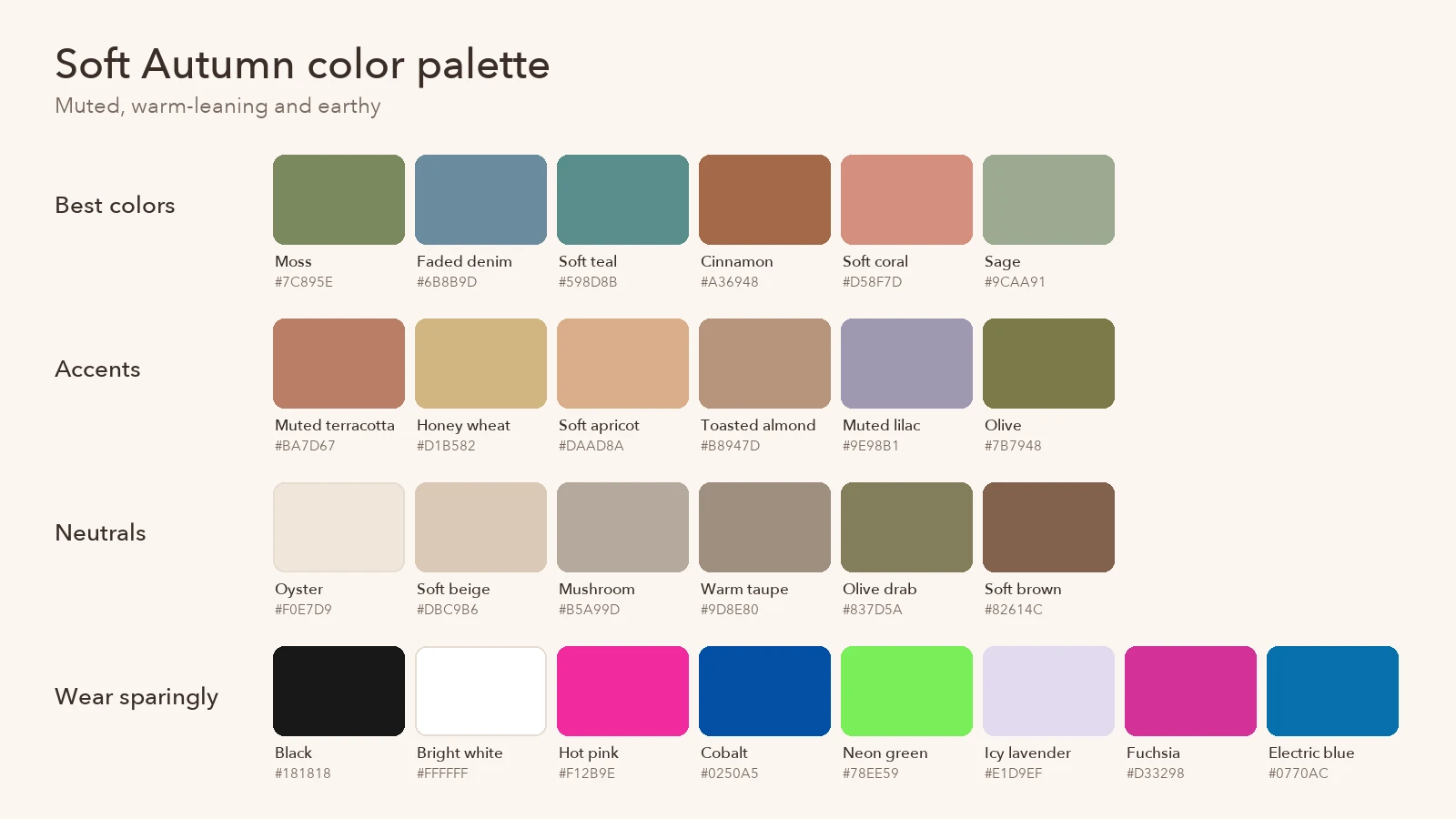 Soft autumn color palette swatches with names and hex codes: best colors, accents, neutrals and colors to wear sparingly