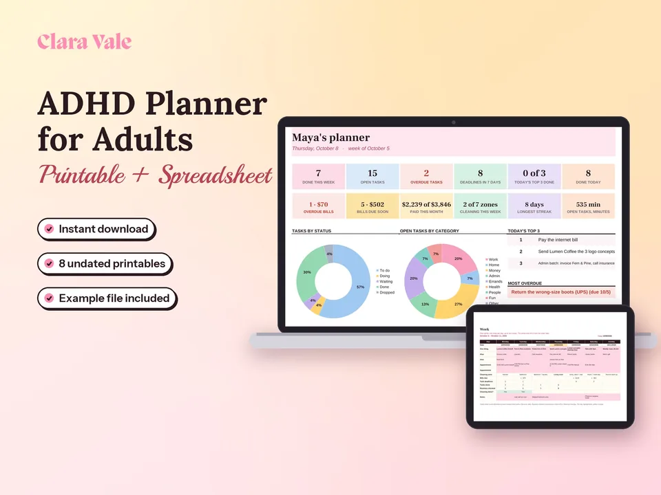 ADHD Life Planner & Daily Task Tracker: shown on a laptop and a tablet