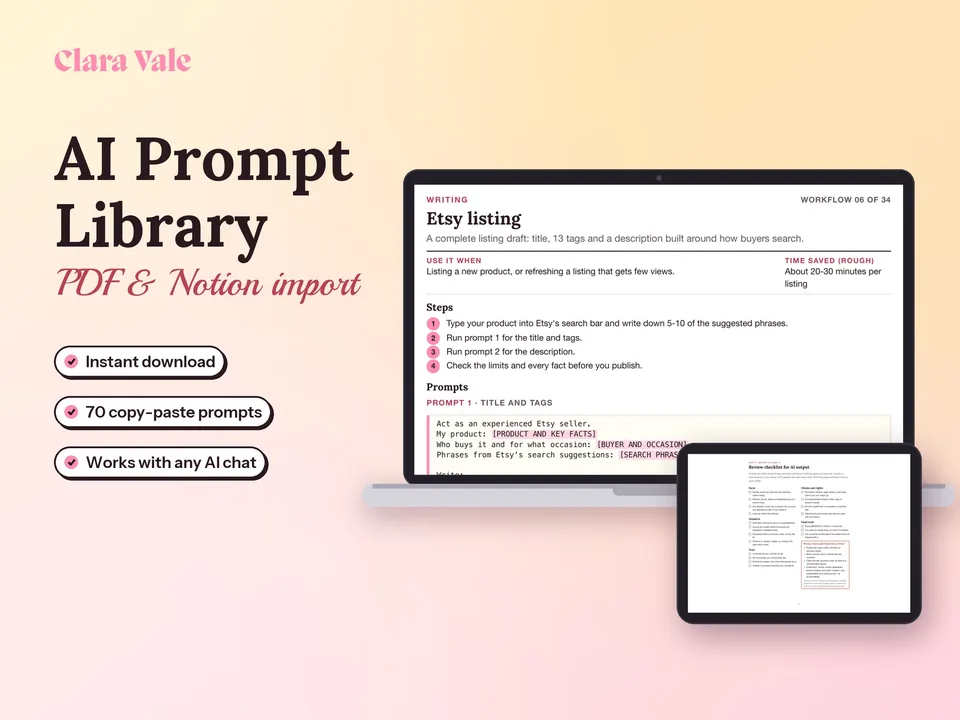 AI Prompt Library & Small Business Workflows: shown on a laptop and a tablet