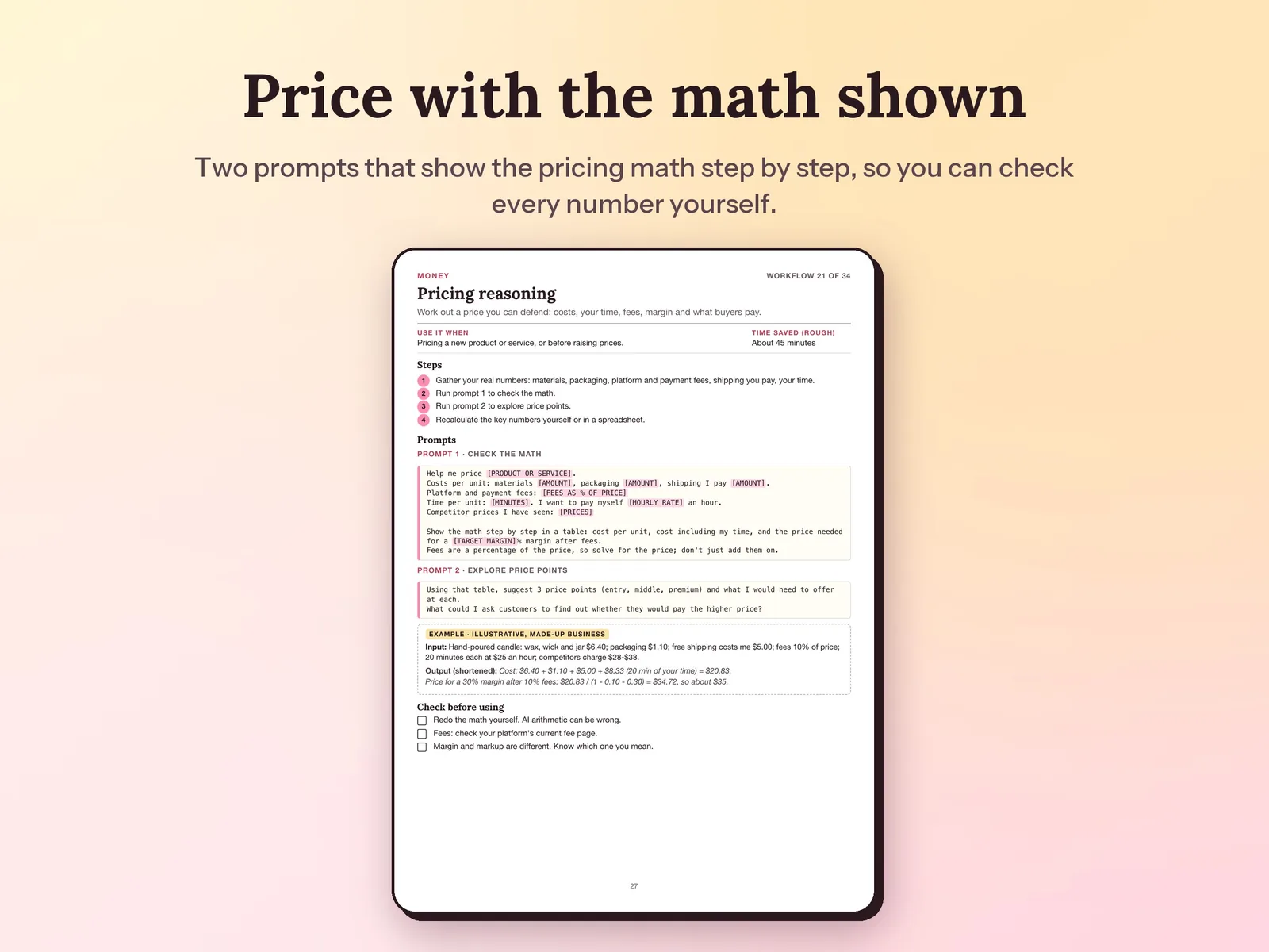 AI Prompt Library & Small Business Workflows: Price with the math shown