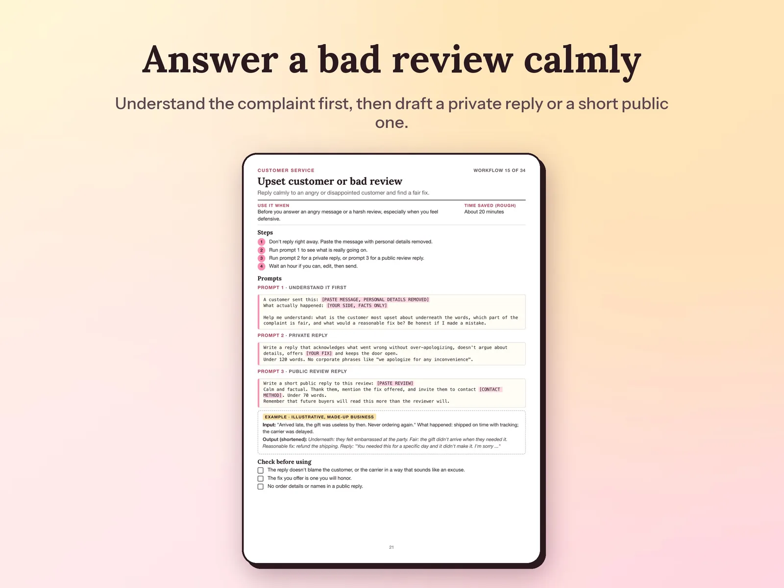 AI Prompt Library & Small Business Workflows: Answer a bad review calmly
