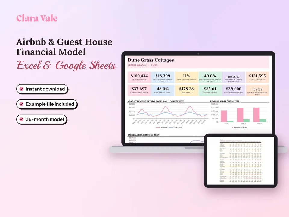 Airbnb Business Plan & Financial Model: shown on a laptop and a tablet