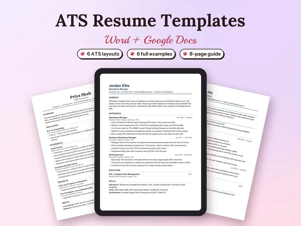 ATS Resume Templates for Word and Google Docs: printed pages and a tablet