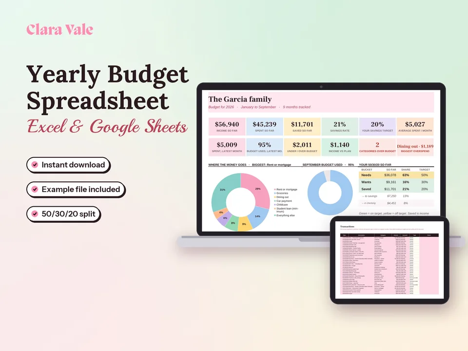 Yearly Budget Spreadsheet & Savings Tracker: shown on a laptop and a tablet