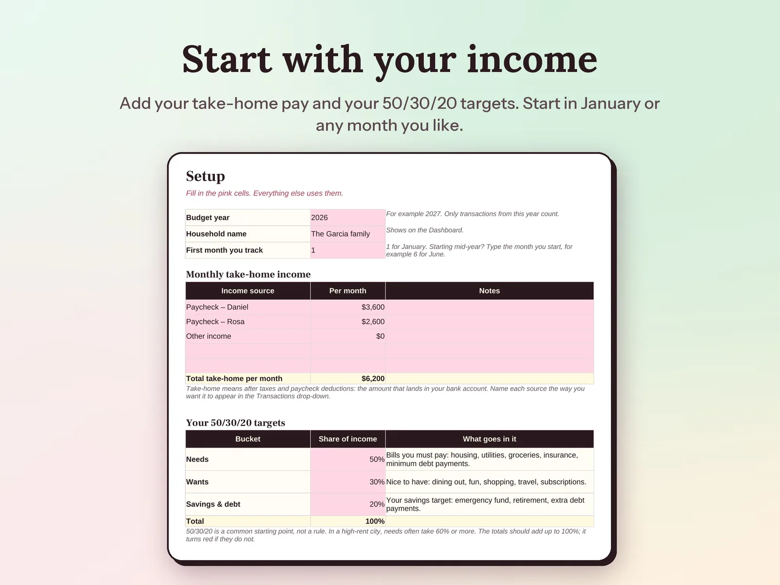 Yearly Budget Spreadsheet & Savings Tracker: Start with your income