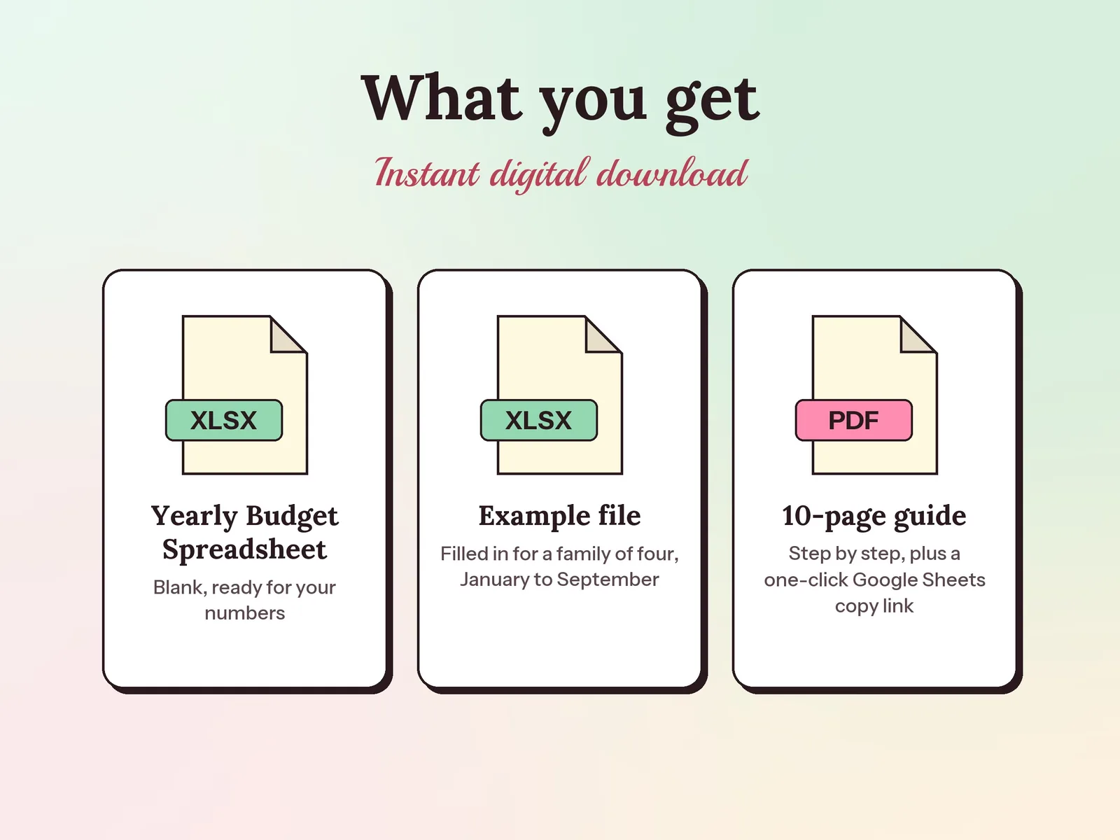 Yearly Budget Spreadsheet & Savings Tracker: what you get in the download