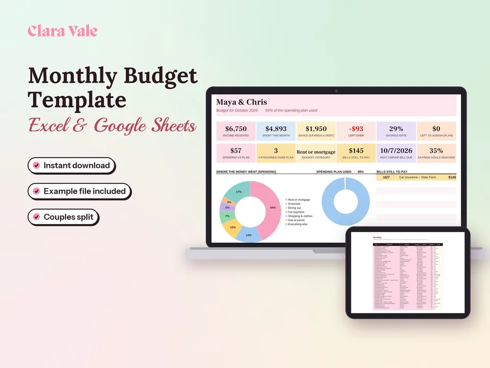 Google Sheets Budget Template & Spending Tracker: shown on a laptop and a tablet