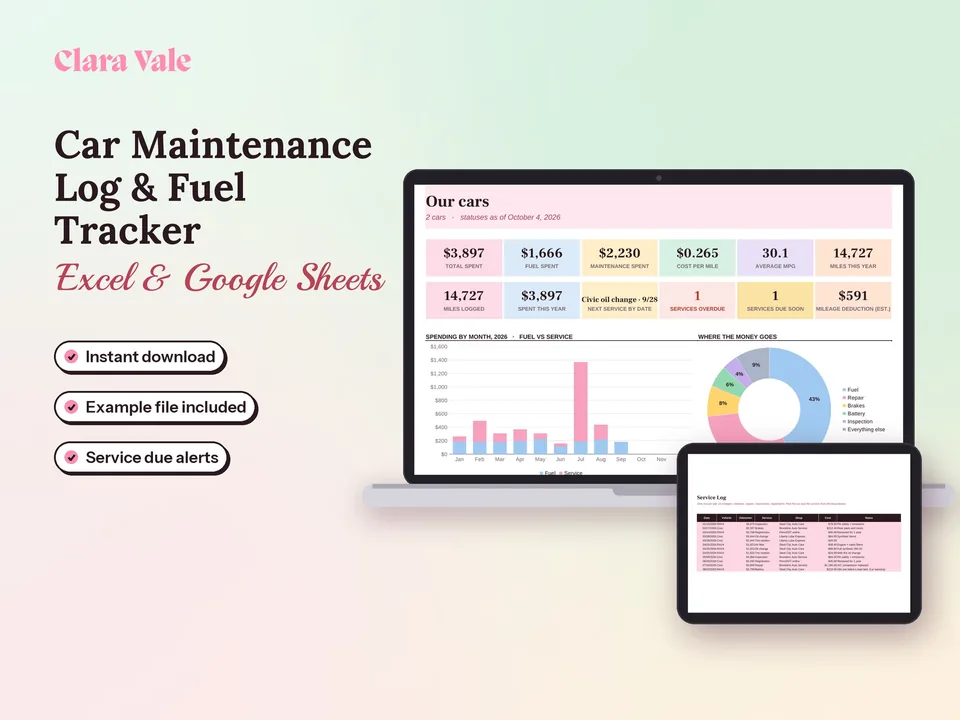 Car Maintenance Log & Fuel Tracker: shown on a laptop and a tablet