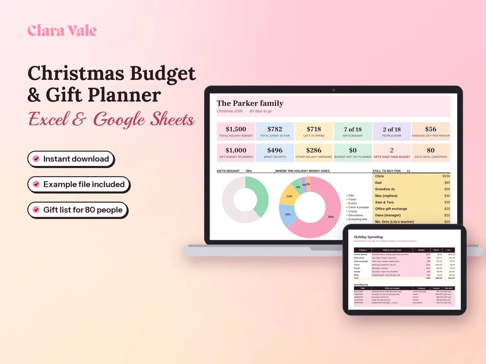 Christmas Budget Planner & Gift Tracker: shown on a laptop and a tablet