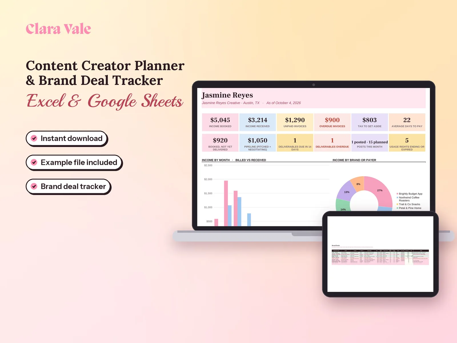 Content Creator Planner & Brand Deal Tracker: shown on a laptop and a tablet