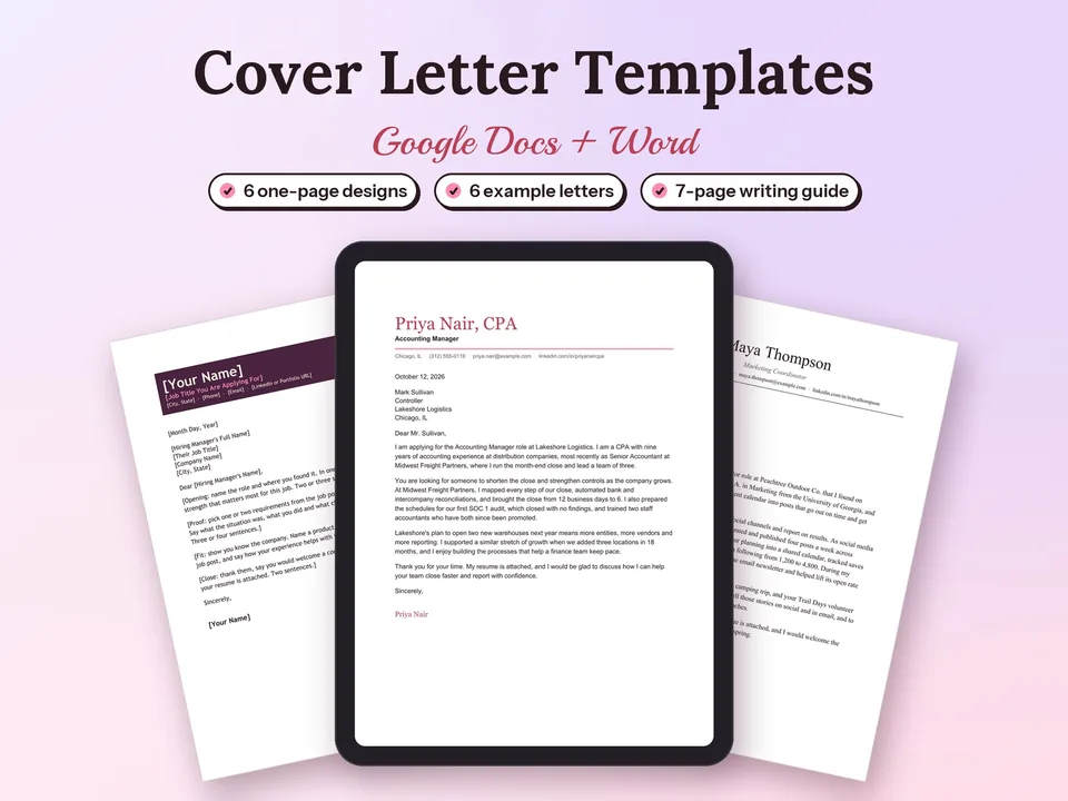 Cover Letter Templates for Google Docs: printed pages and a tablet