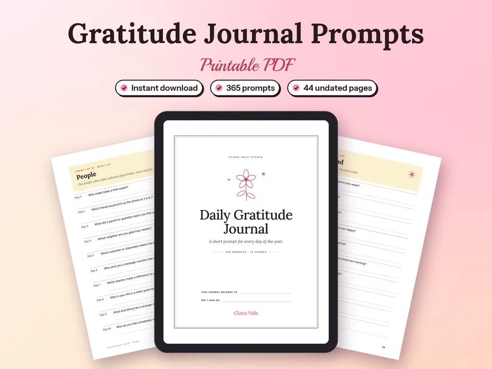 Gratitude Journal Prompts & Daily Journal: printed pages and a tablet