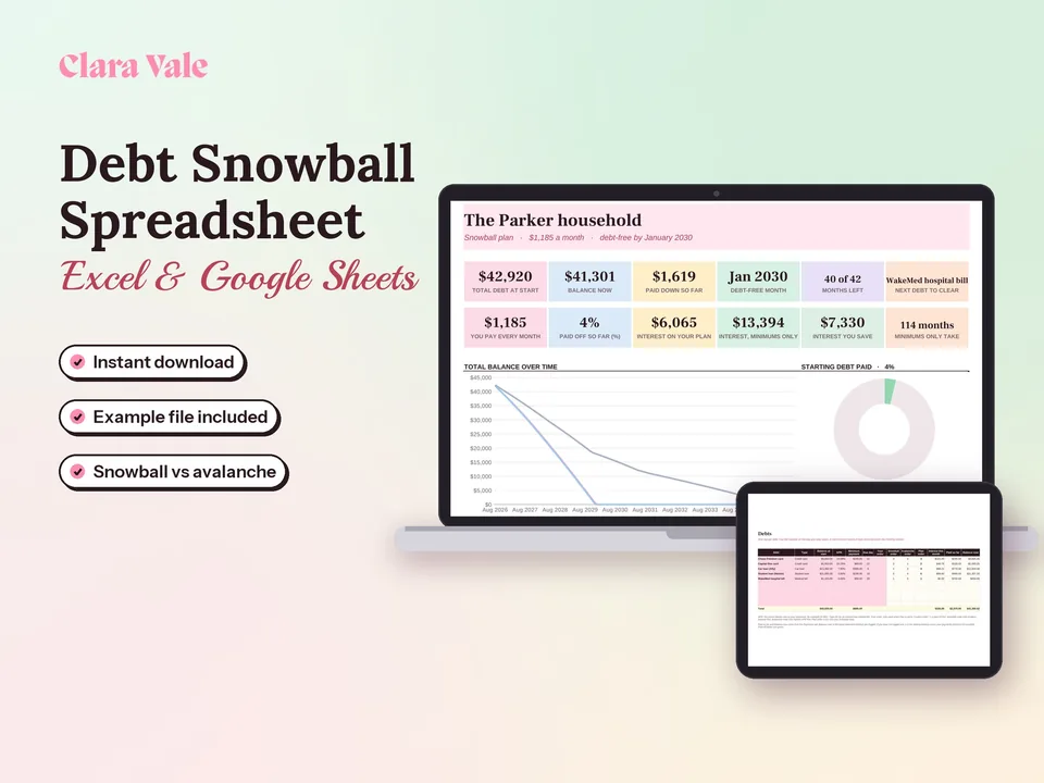 Debt Snowball Spreadsheet & Payoff Planner: shown on a laptop and a tablet