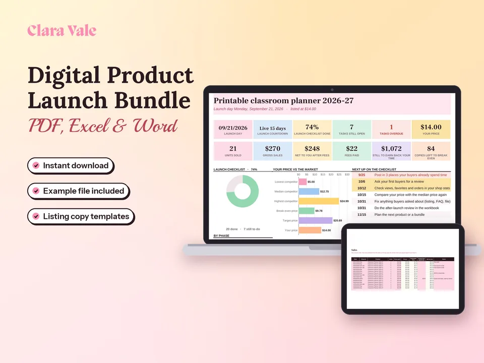 Digital Product Launch Planner & Checklist: shown on a laptop and a tablet