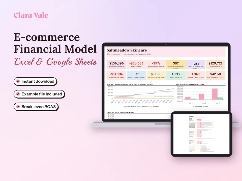Ecommerce Financial Model & Business Plan: shown on a laptop and a tablet