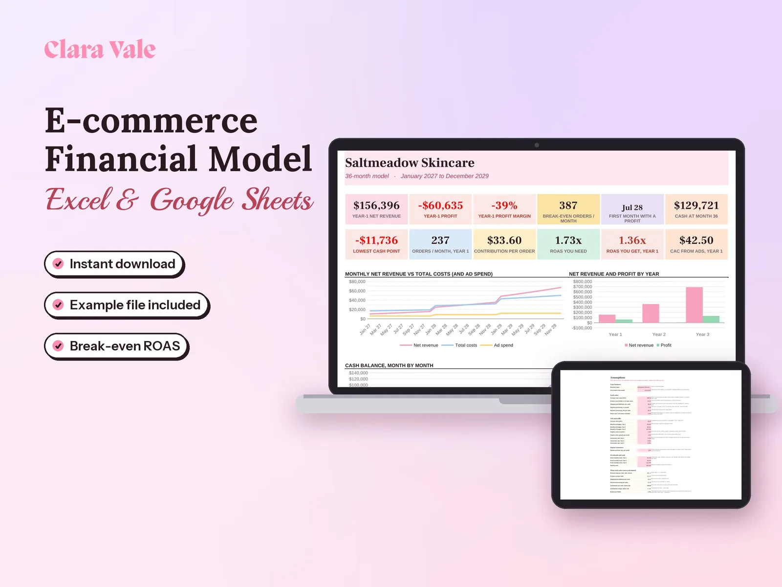 Ecommerce Financial Model & Business Plan: shown on a laptop and a tablet