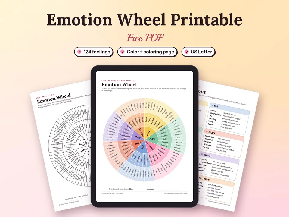 Free Emotion Wheel PDF: printed pages and a tablet