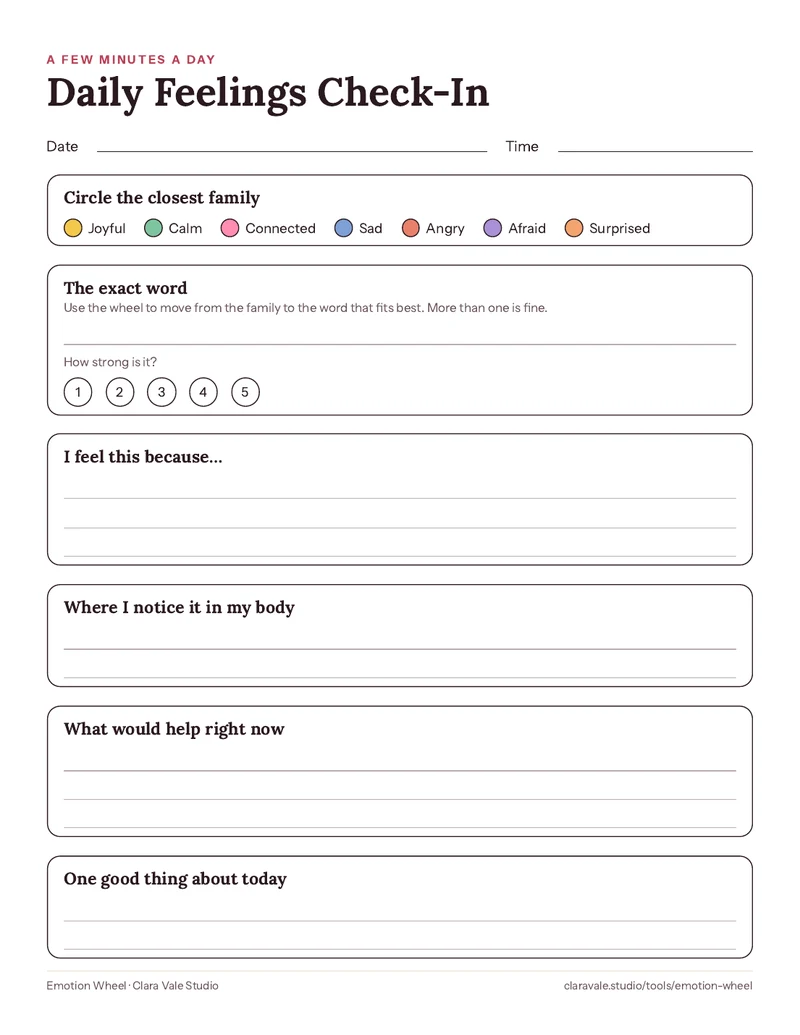 Daily feelings check-in template, one US Letter page