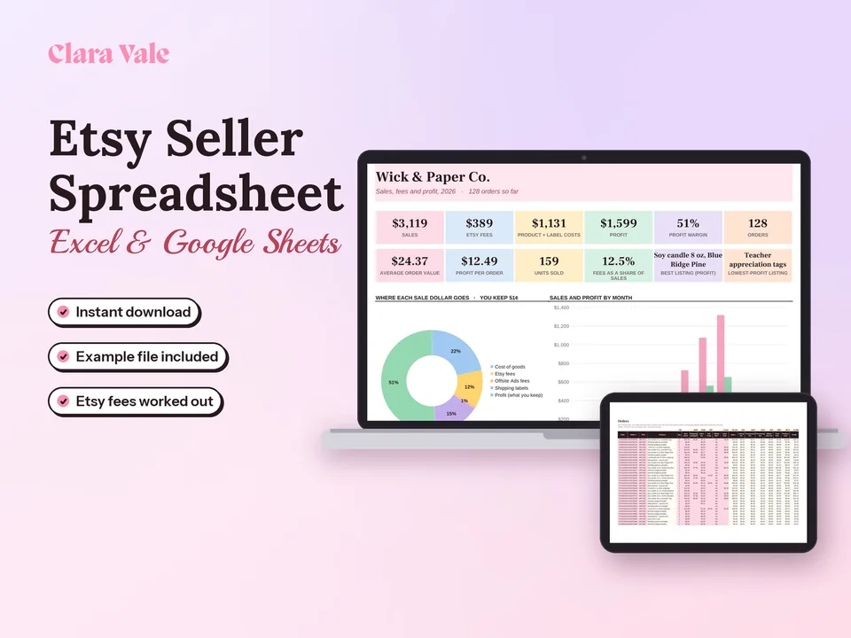 Etsy Seller Spreadsheet & Profit Tracker: shown on a laptop and a tablet