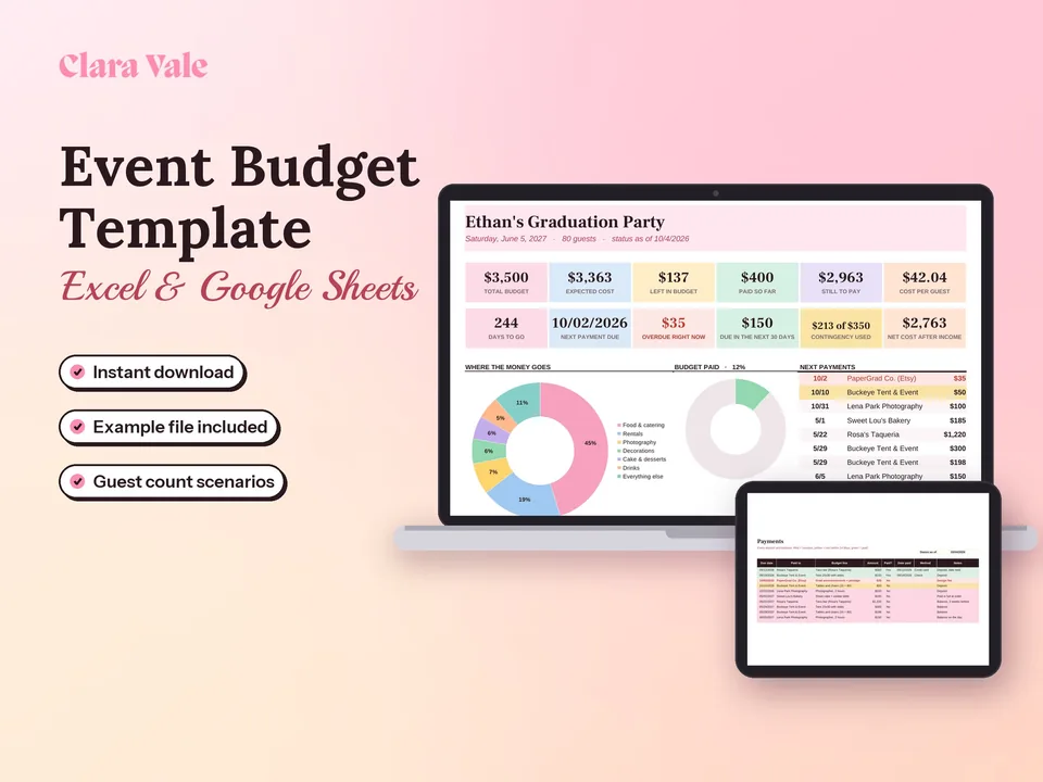 Event Budget Template & Payment Tracker: shown on a laptop and a tablet