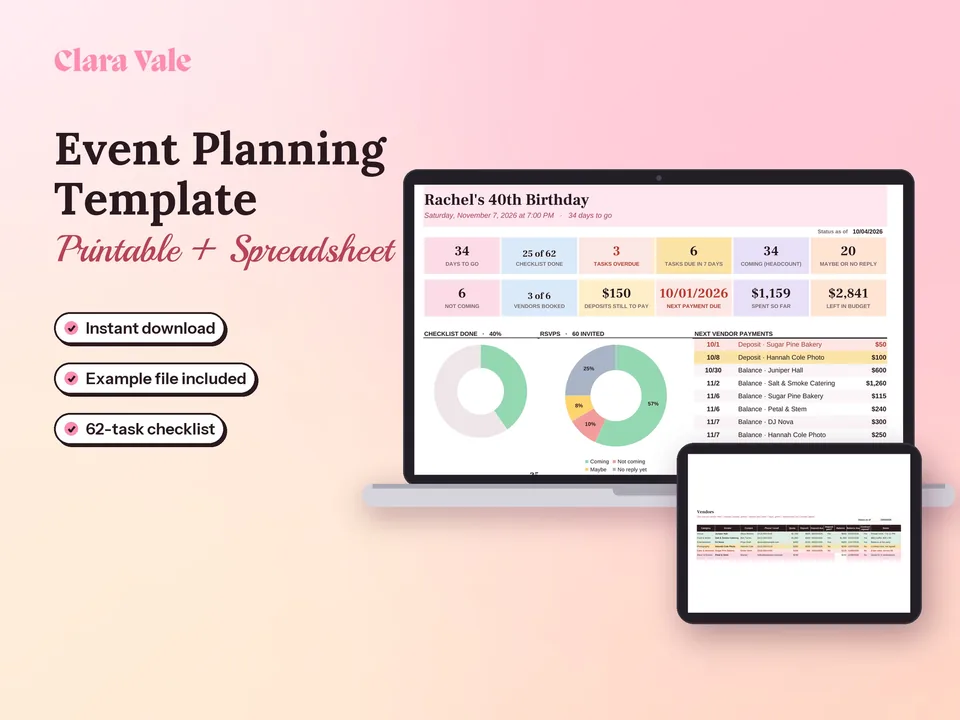 Event Planning Template & Guest List Tracker: shown on a laptop and a tablet