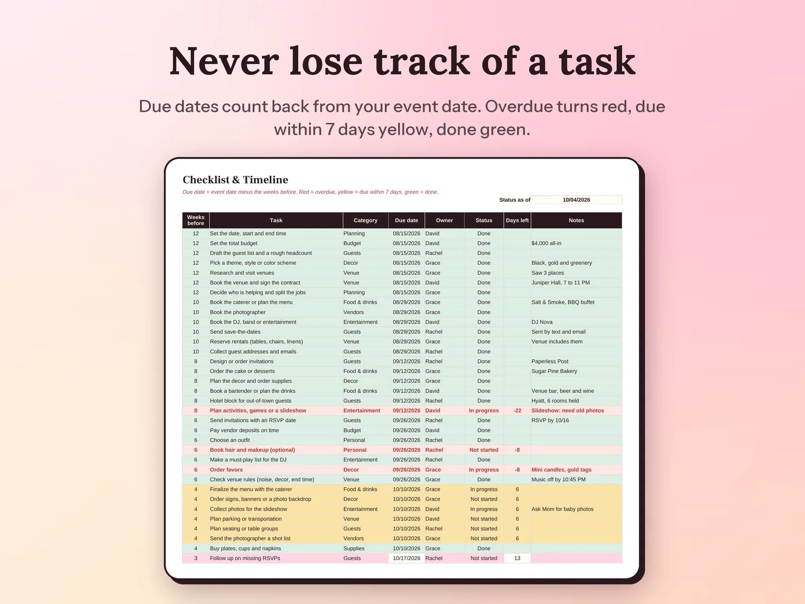 Event Planning Template & Guest List Tracker: Never lose track of a task