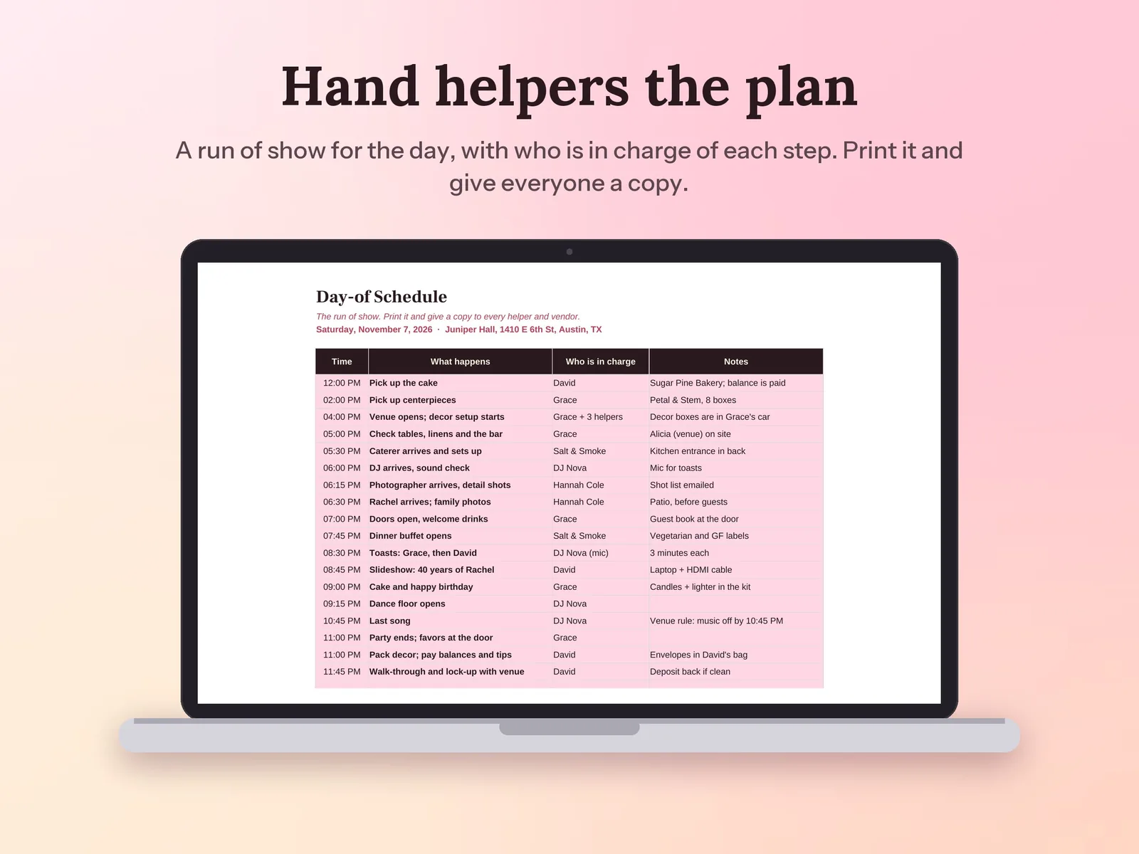 Event Planning Template & Guest List Tracker: Hand helpers the plan