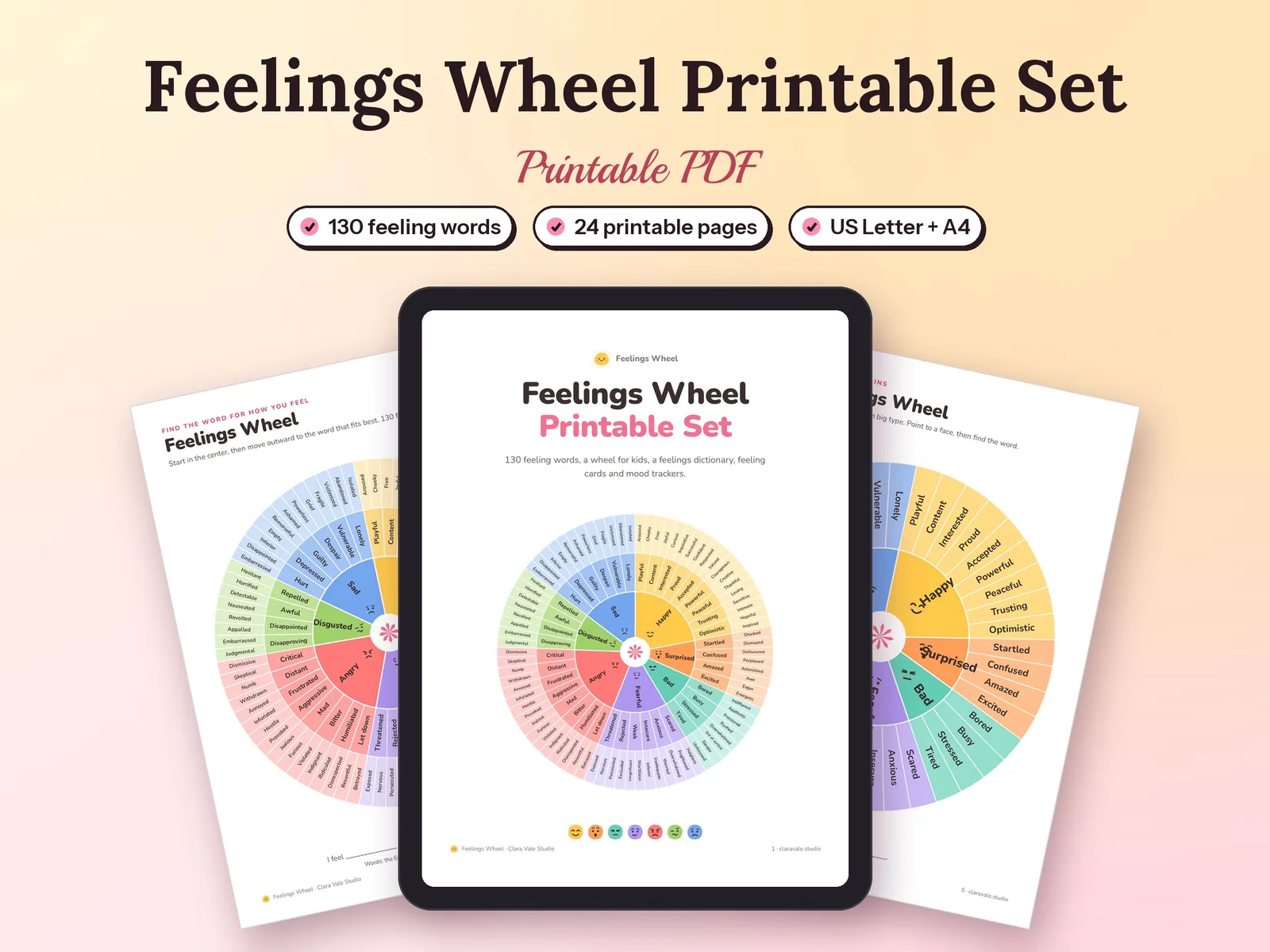 Feelings Wheel Printable Set: printed pages and a tablet