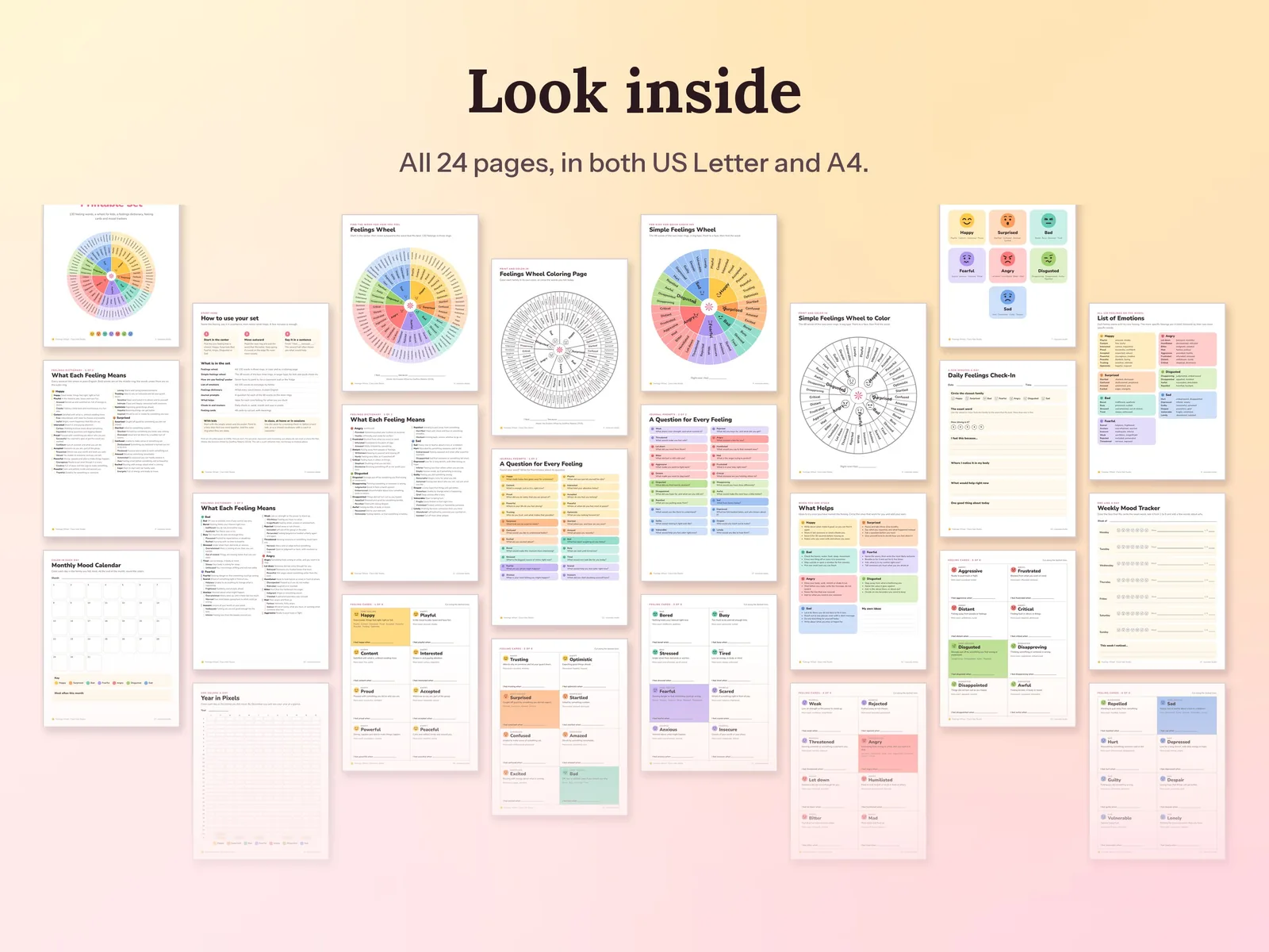 Feelings Wheel Printable Set: All 24 pages, in both US Letter and A4