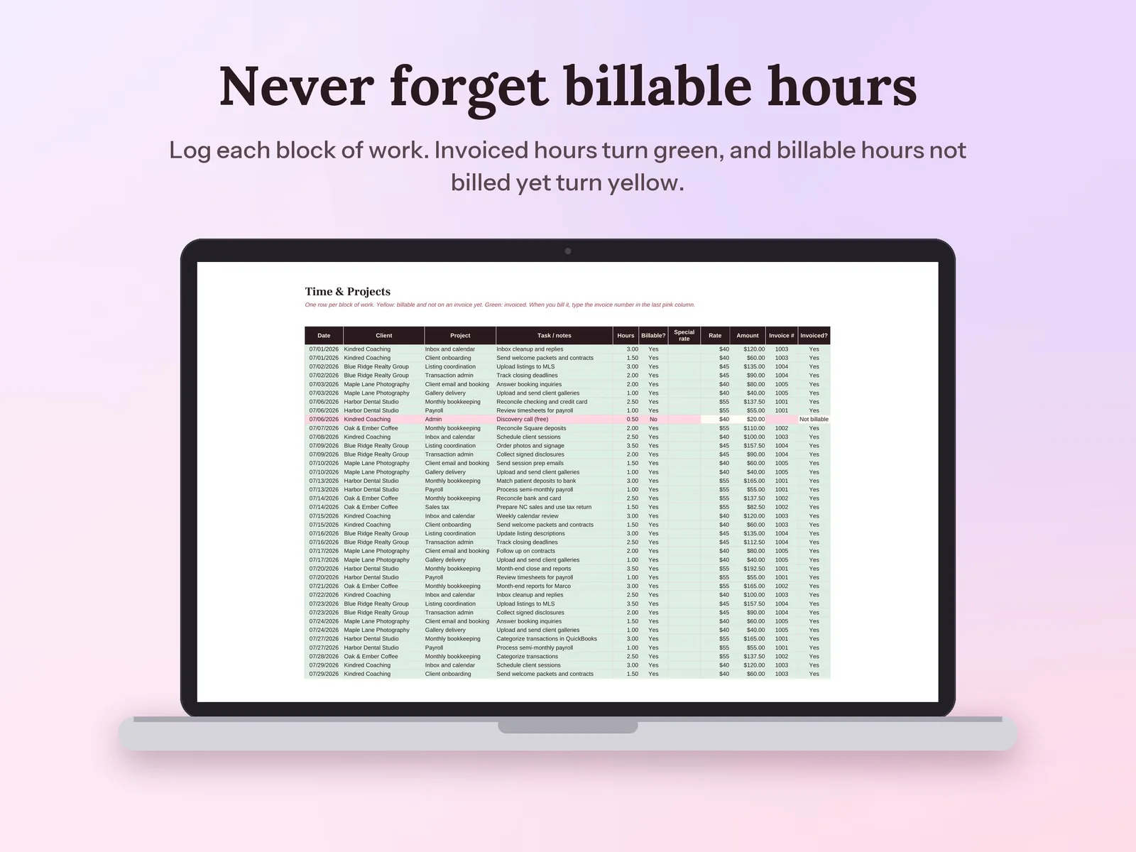 Google Sheets Invoice Template & Client Tracker: Never forget billable hours