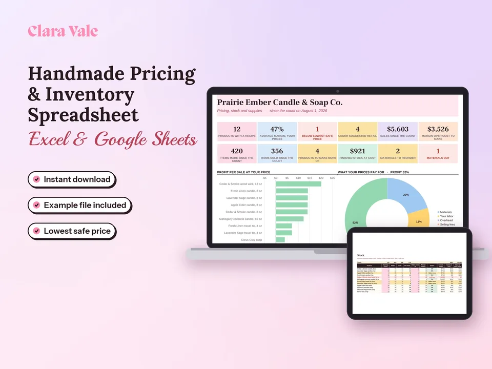 Handmade Pricing Calculator & Inventory Tracker: shown on a laptop and a tablet