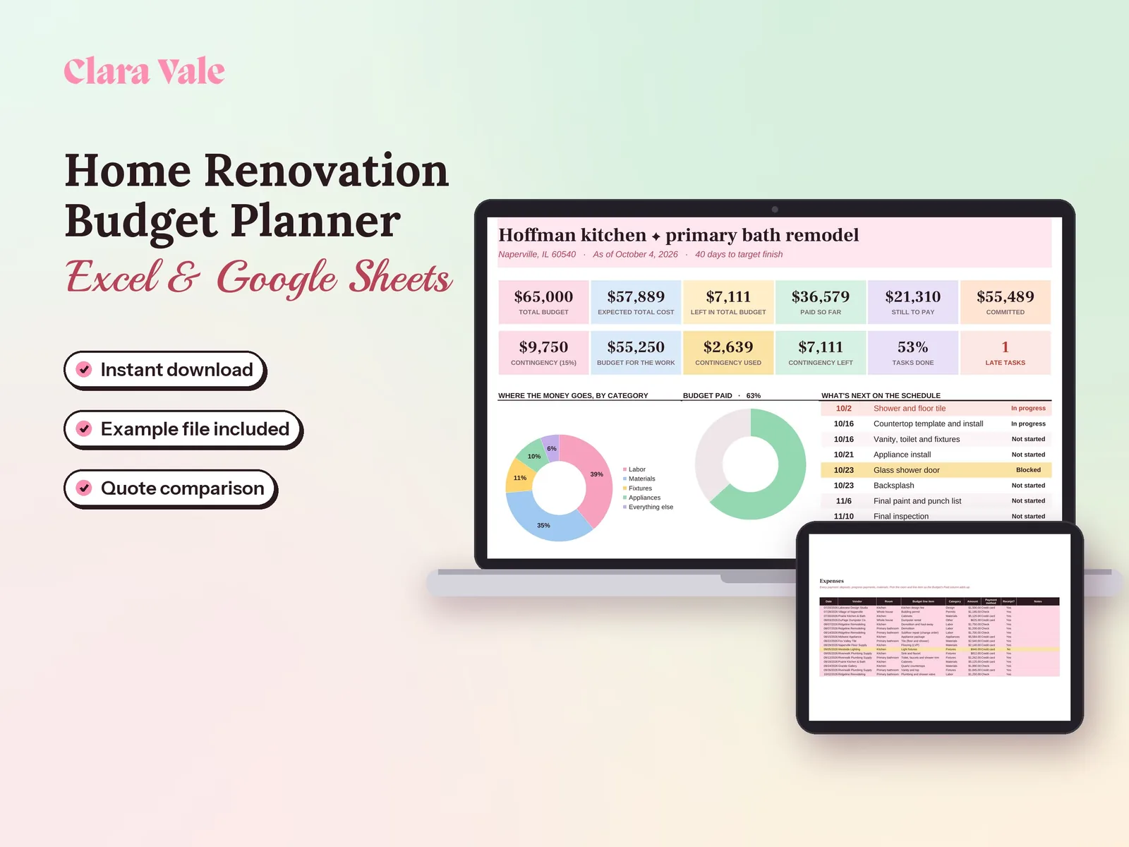 Home Renovation Budget & Remodel Planner: shown on a laptop and a tablet