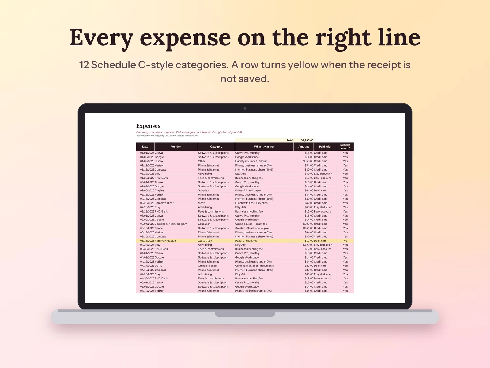 Side Hustle Income, Expense & Tax Tracker: Every expense on the right line