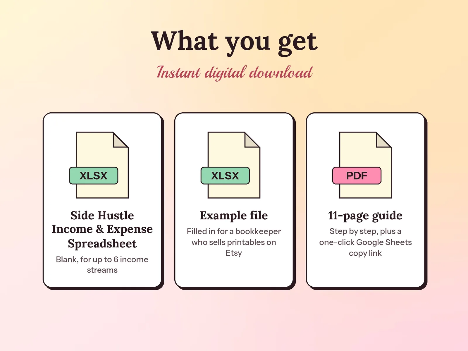 Side Hustle Income, Expense & Tax Tracker: what you get in the download