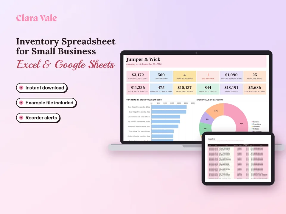 Inventory Spreadsheet & Reorder Tracker: shown on a laptop and a tablet