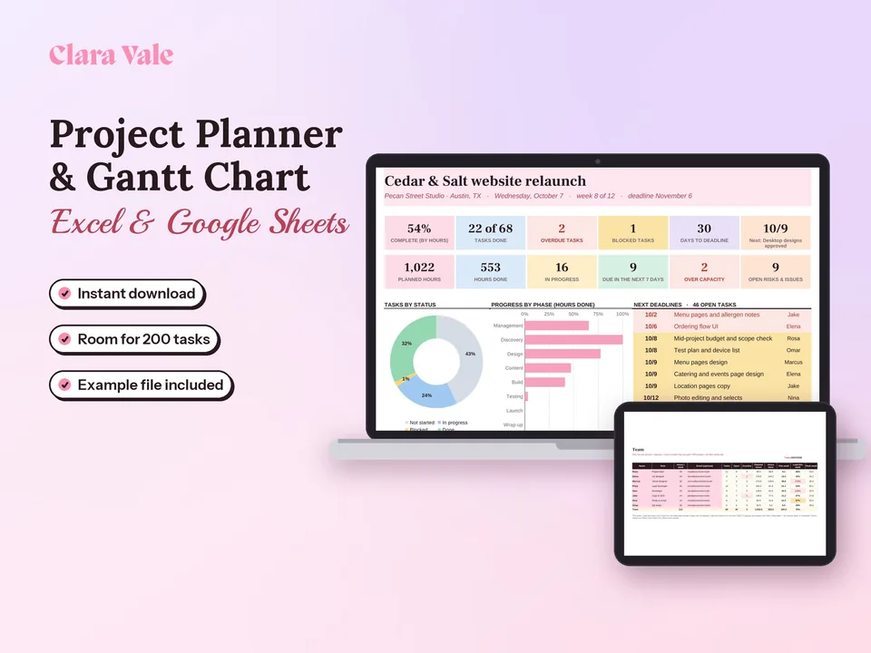 Project Planner & Gantt Chart Template: shown on a laptop and a tablet