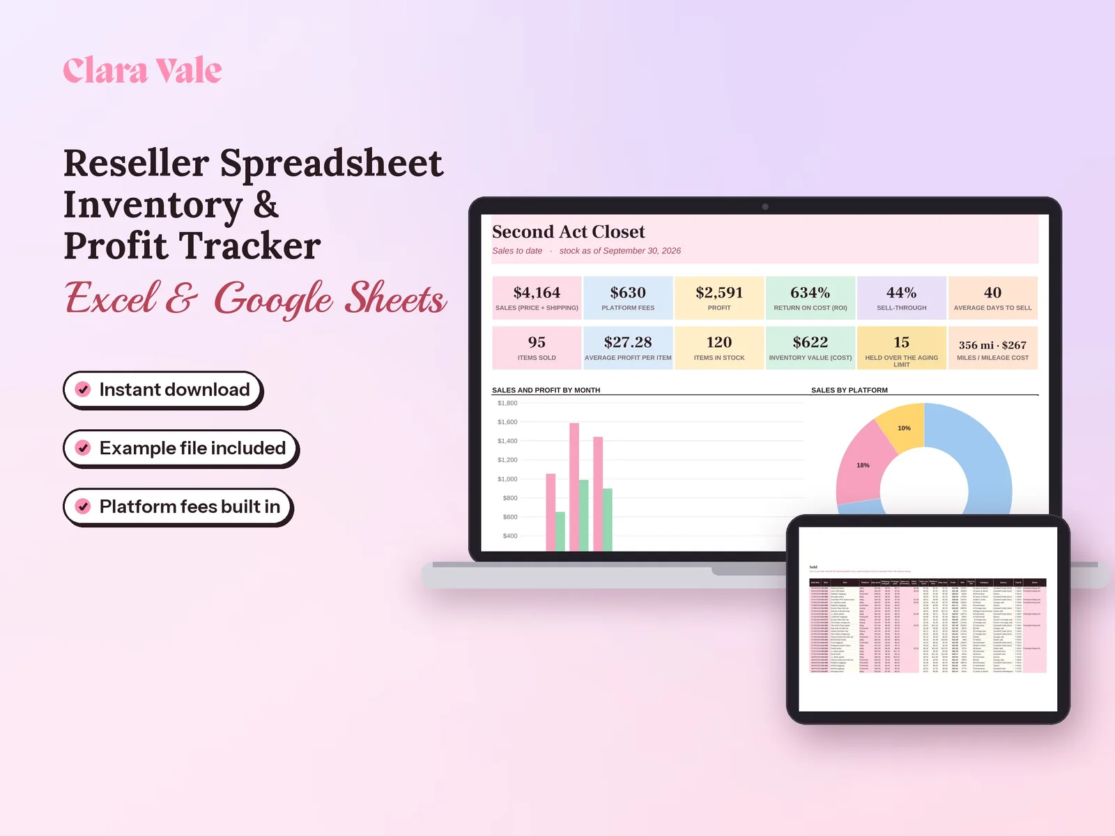Reseller Spreadsheet & Inventory Tracker: shown on a laptop and a tablet
