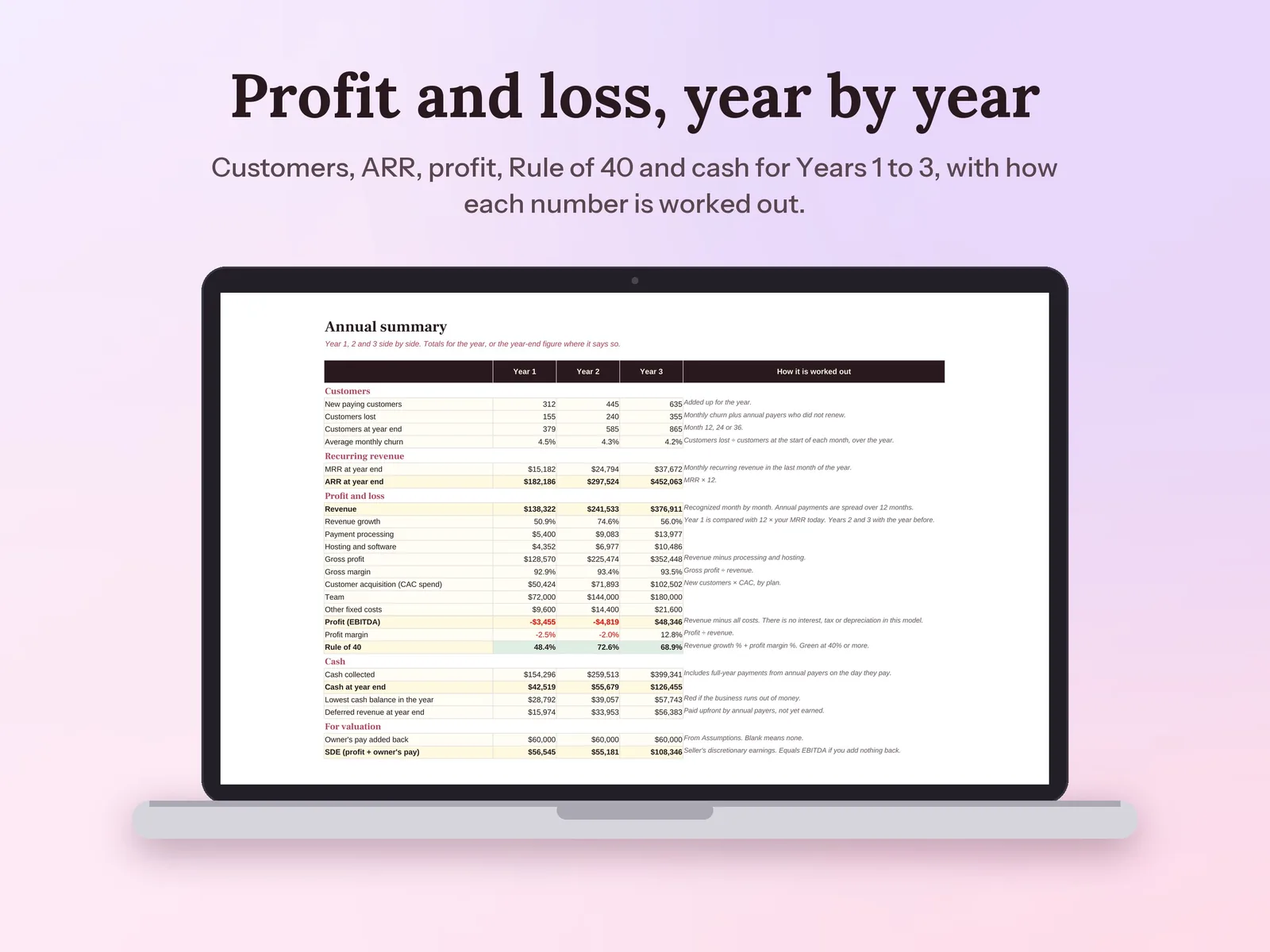 SaaS Financial Model & Startup Forecast: Profit and loss, year by year