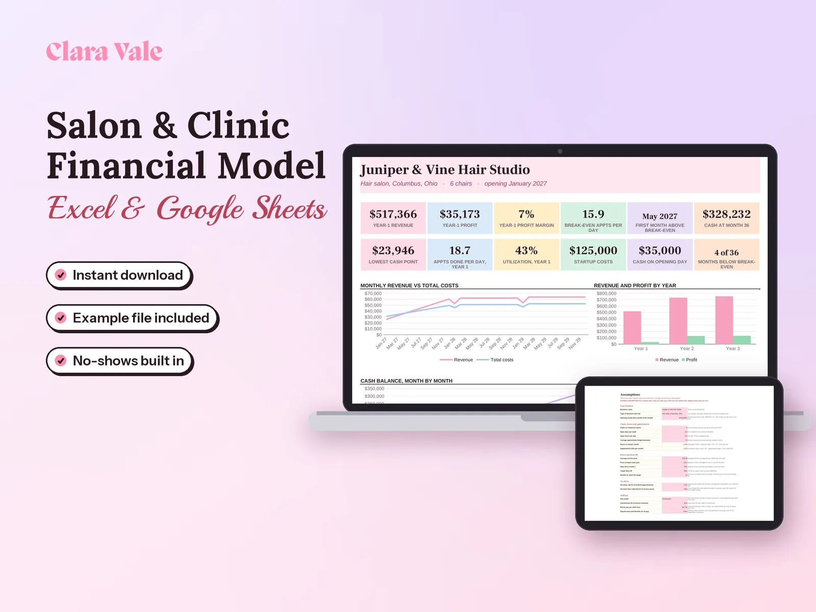 Salon Business Plan & Financial Model: shown on a laptop and a tablet