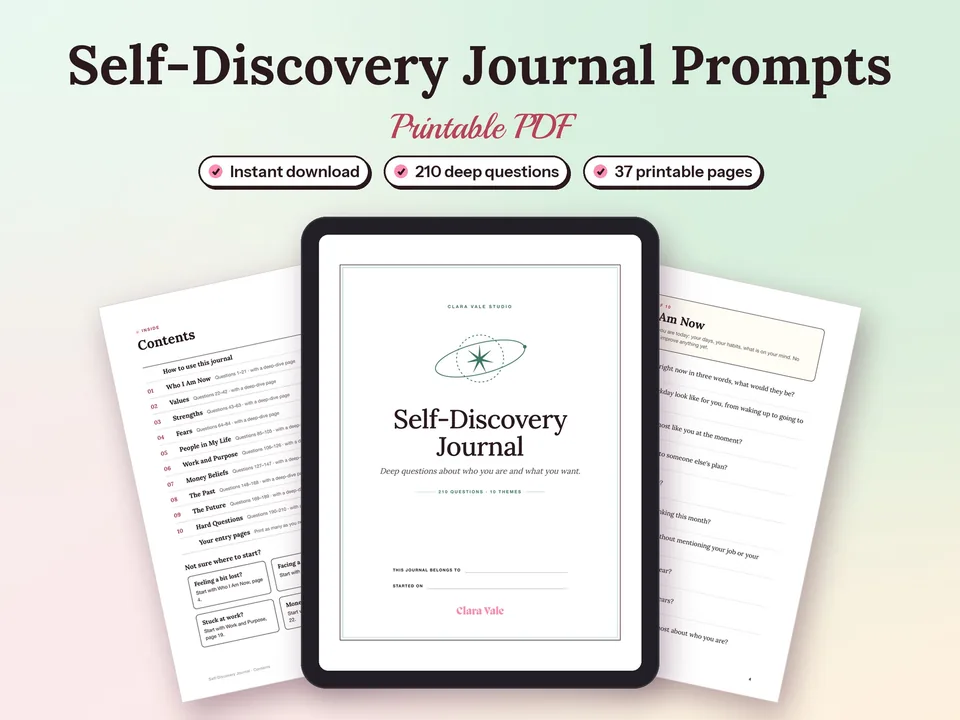 Self-Discovery Journal Prompts & Deep Questions: printed pages and a tablet